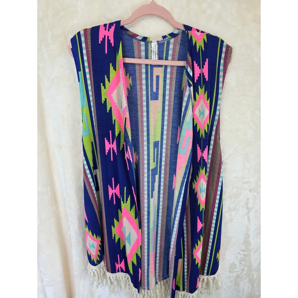 Giddy Up Glamour‎ Neon Aztec Fringe Vest Womens 2XL Blue Pink Geometric Western